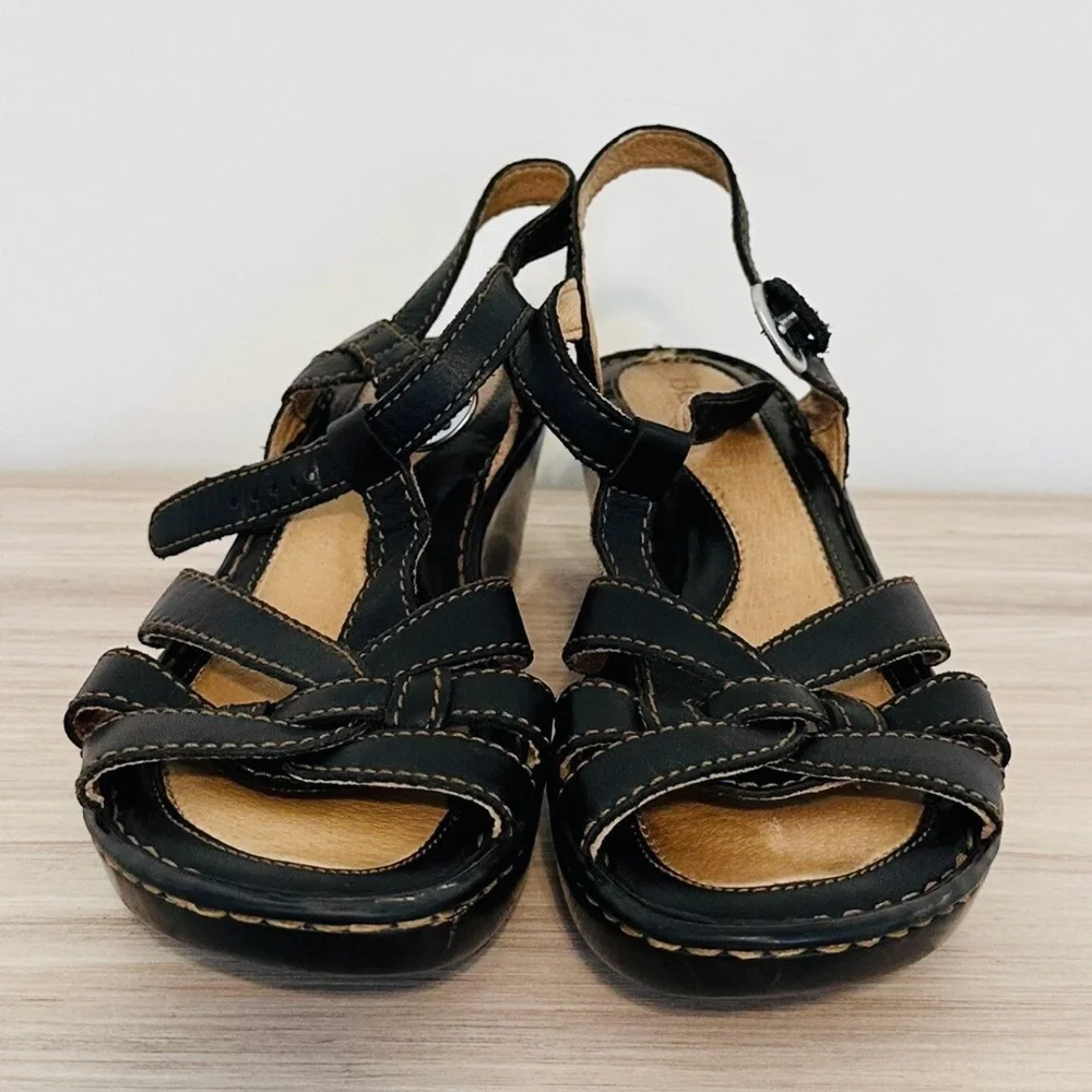 Born Women's Black Leather Strappy Sandals Comfort Wedge Shoes Size‎ 8